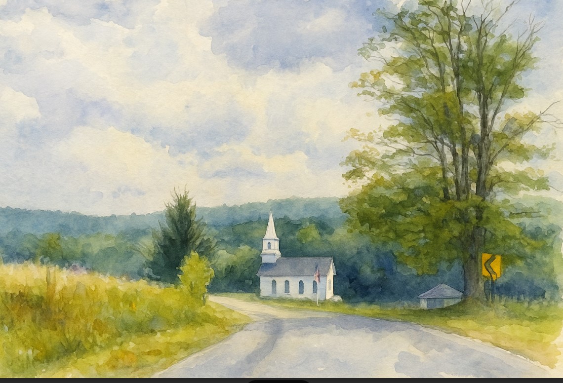 The Old Welsh Church watercolor print with mat by Lindsay Stroh