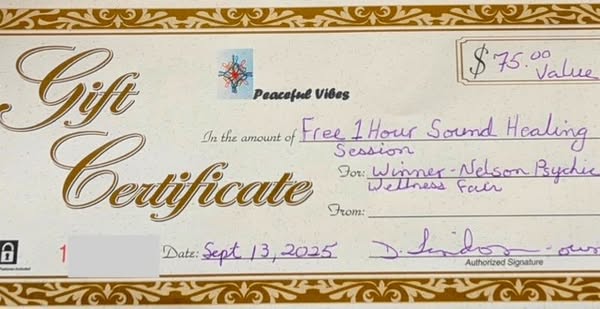 Peaceful Vibes gift certificate for one-hour sound healing